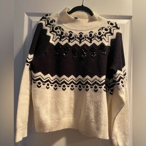 Ann Taylor White/black Rhinestone Ribbed Knit Women’s Sweater Top Sz L